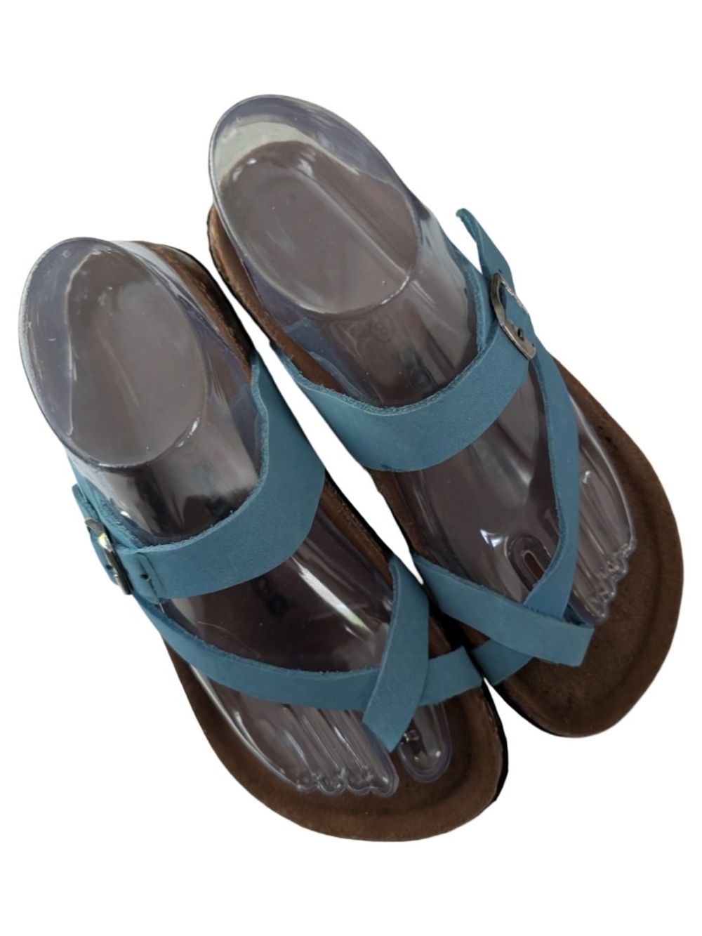 Softmoc Sandal toe Strap Blue Cork Sole Buckle Shoe Slip Slide On Comfy Summer 8